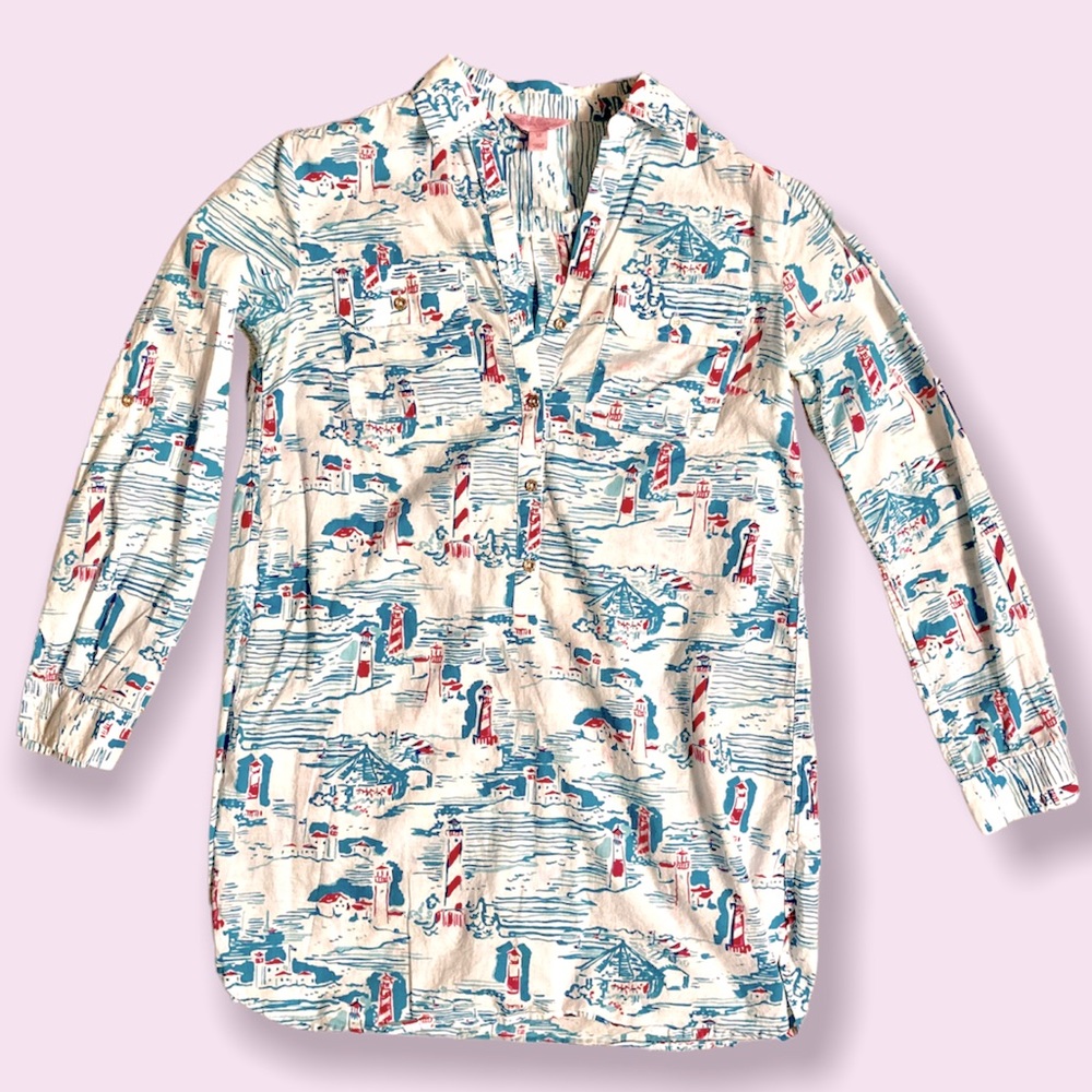 Lilly Pulitzer cotton beach cover-up with pink and blue lighthouse print
